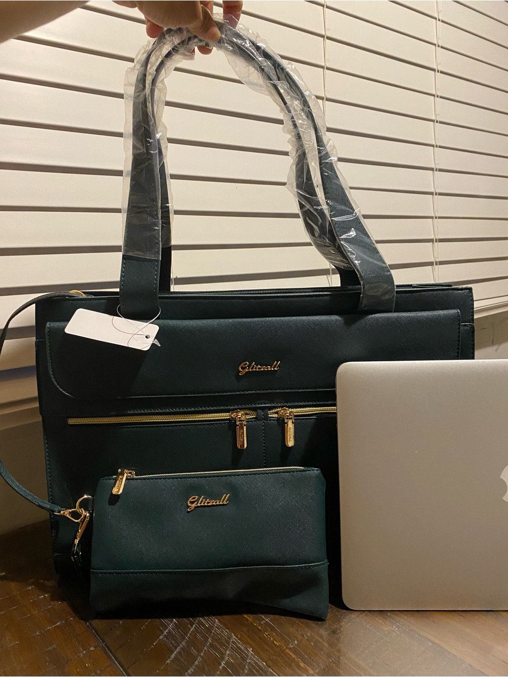 Glitz Forest Green Laptop Tote with Matching Pouch and Gold Hardware